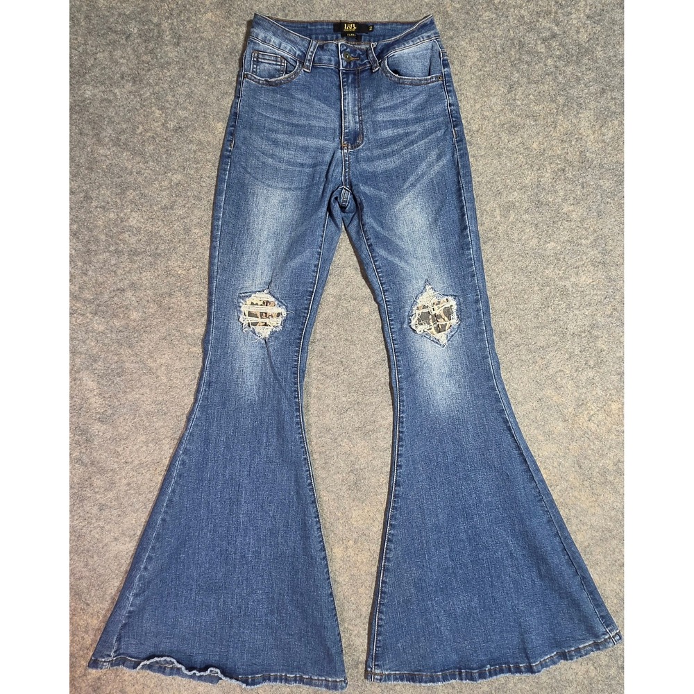 L&B Lucky & Blessed Flare Jeans Medium Wash Leopard Distressed Bell Bottoms 2